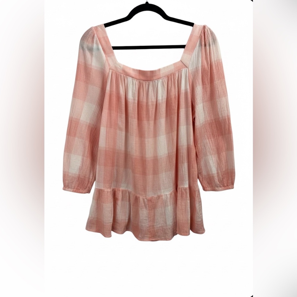 Chaps Pink and White Gingham Square Neck Peplum Top - 100% Cotton Gauze